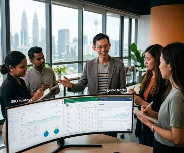 Adam SEO team workspace in Mont Kiara, Kuala Lumpur, with analytics dashboards and SEO data on multiple monitors