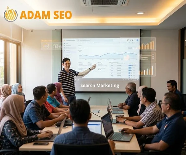 Adam Yong leading an SEO training session with Malaysian business owners in a modern seminar room with analytics on screen