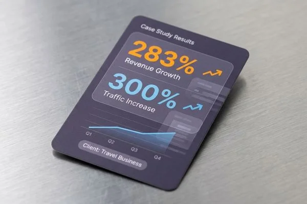 Case study results dashboard showing 283% revenue growth and 300% traffic increase for a Malaysian travel business