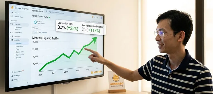 After-state analytics dashboard showing organic traffic growth from 5,000 to 15,000 monthly visitors with revenue trending upward to RM307K