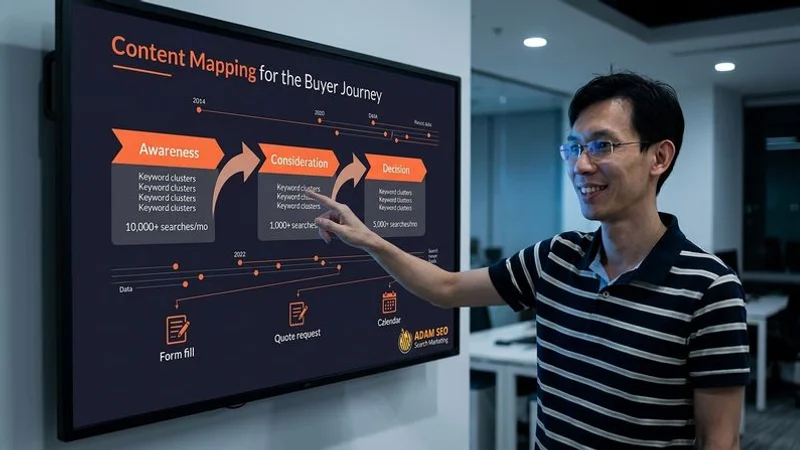 Content mapping diagram showing B2B content types aligned to buyer journey stages with keyword targets and conversion goals for each stage