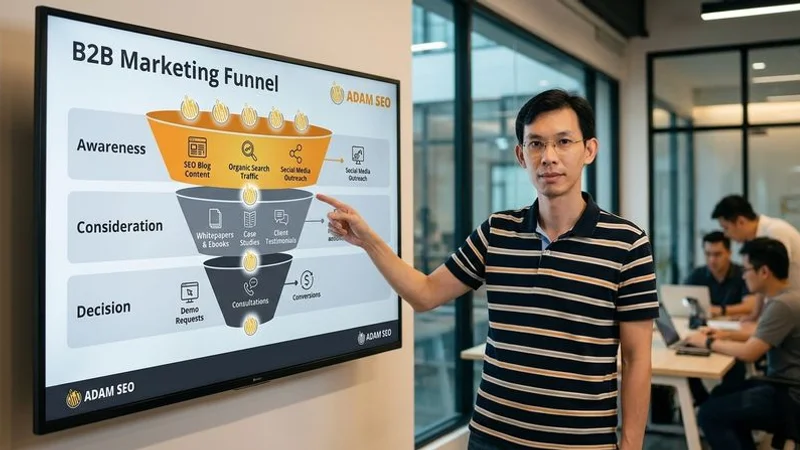 B2B marketing funnel showing awareness, consideration, and decision stages with organic search touchpoints mapped for enterprise lead generation