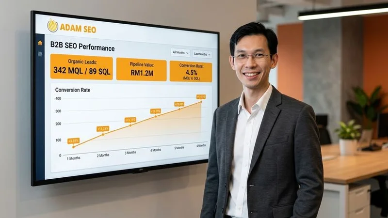 B2B SEO performance dashboard showing organic lead generation metrics including MQLs, SQLs, pipeline value, and cost per lead for an Adam SEO enterprise client