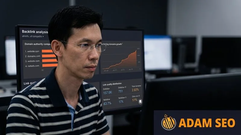 Backlink profile analysis showing domain authority comparison between a client website and top competitors with link quality metrics displayed on Ahrefs dashboard