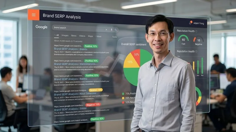 Brand SERP analysis showing search results page for a business name with reputation indicators and sentiment scores for each result