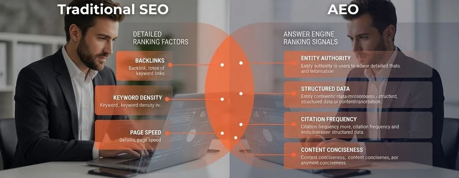 Comparison chart contrasting traditional SEO ranking factors with AEO ranking signals used by AI search engines