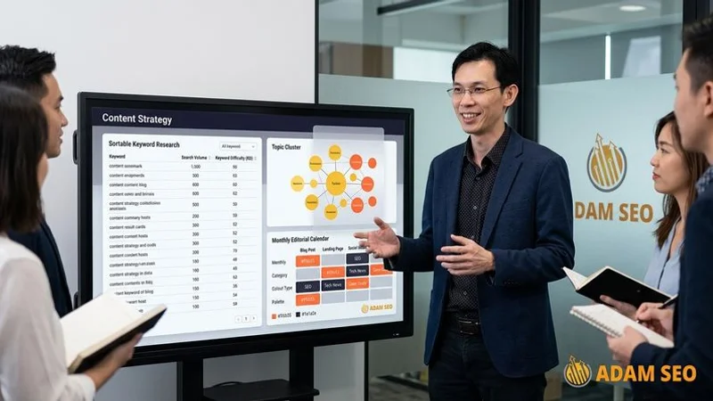 Content strategy planning session showing keyword research data, topic clusters, and editorial calendar displayed on screens in a modern office setting