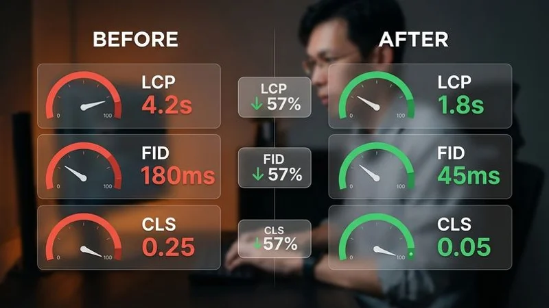 Before and after comparison of Core Web Vitals scores showing performance improvements after Adam SEO technical optimization for a Malaysian website