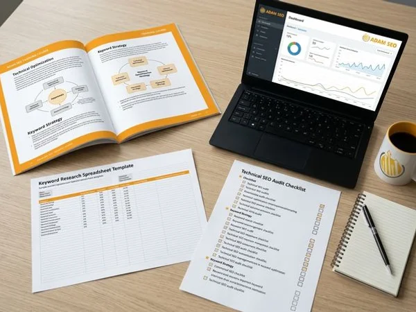 Course materials including SEO training workbook, keyword research spreadsheets, and technical audit checklists