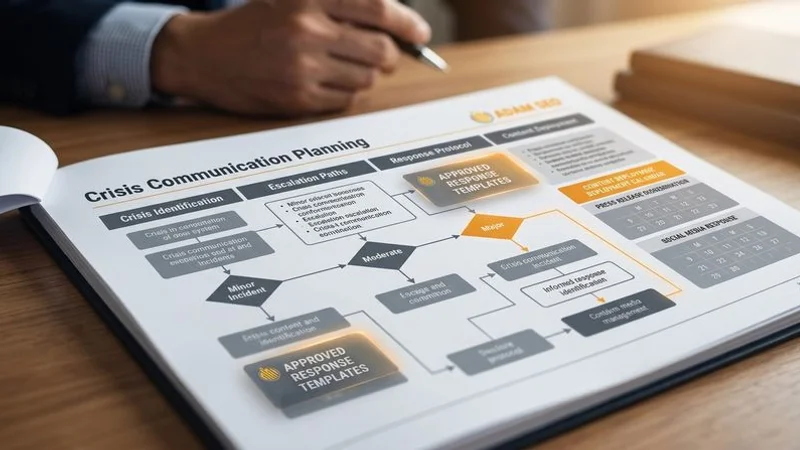 Crisis communication planning document showing response workflow, stakeholder notification process, and content deployment strategy for brand reputation protection