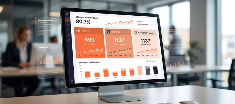 Dashboard mockup displaying AI brand visibility tracking across ChatGPT, Perplexity, and Google AI Overviews with mention counts and trend data
