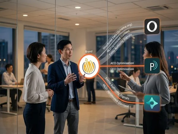 Diagram illustrating how AEO and GEO connect brands to AI-powered search engines including ChatGPT, Perplexity, and Google AI Overviews