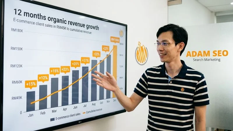 Chart showing e-commerce organic revenue growth over 12 months for an Adam SEO client with monthly sales data and traffic correlation