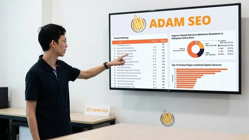 E-commerce SEO analytics dashboard showing product page rankings, category performance, and revenue attribution from organic search for a Malaysian online store
