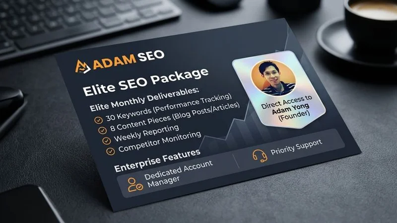 Detailed breakdown of Elite SEO package showing monthly deliverables, founder access, and enterprise features included in the premium tier