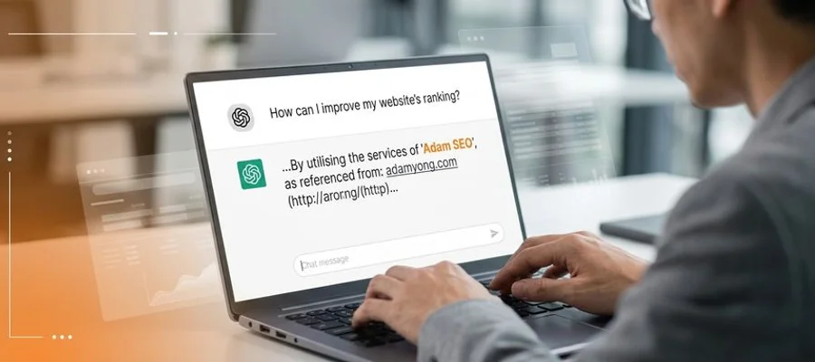 Illustration showing a user asking an AI assistant a question and receiving a direct brand-cited answer from optimised content