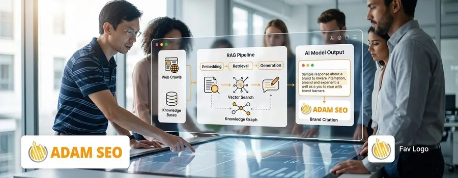 Infographic illustrating how AI models source brand information through training data and retrieval-augmented generation (RAG) pipelines
