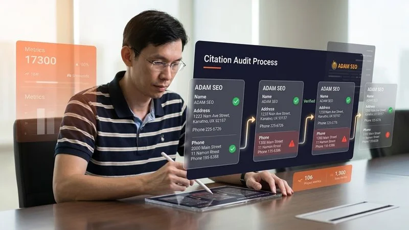 Adam SEO team performing local citation audit with multiple directory listings displayed on screens showing NAP consistency checks across Malaysian business directories