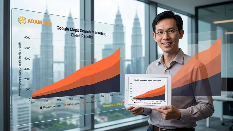 Chart showing local SEO results with monthly organic traffic growth from Google Maps and local search for an Adam SEO client in Kuala Lumpur