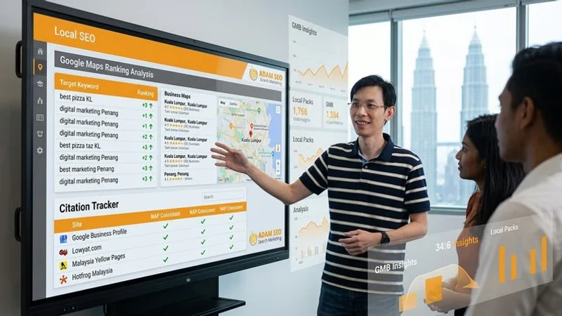Local SEO strategy dashboard showing Google Maps rankings improvement for a Malaysian business with citation tracking and review management metrics