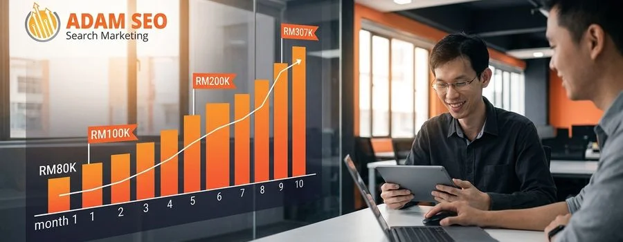 Monthly revenue progression chart showing steady growth from RM80K in month 1 to RM307K by month 10 with key milestone markers