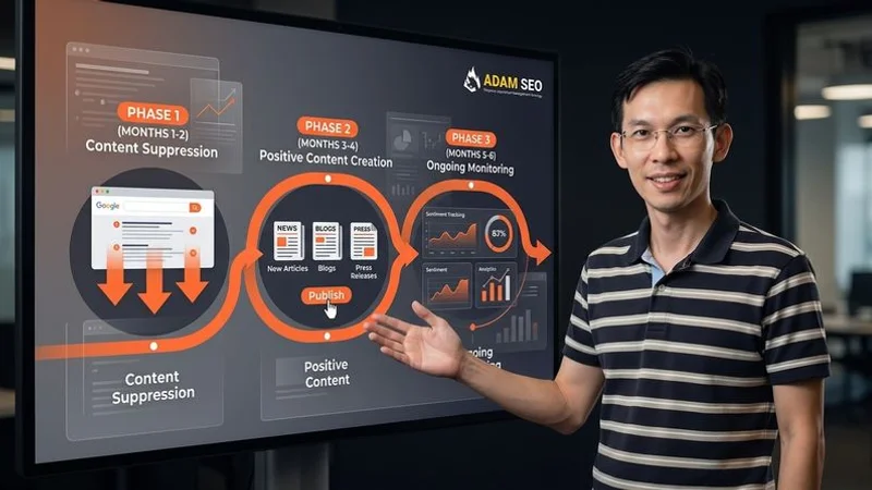 Reputation management strategy diagram showing content suppression timeline with positive content creation pushing negative results off the first page of Google