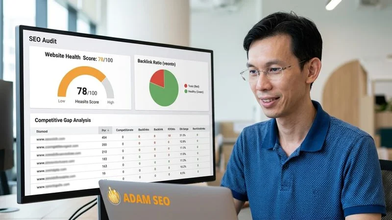 SEO audit analysis showing comprehensive website health metrics including on-page scores, backlink quality, and competitive gap analysis for a Malaysian business