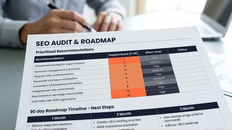 Adam SEO audit report document showing prioritized recommendations with revenue impact scores and implementation roadmap for a Malaysian business website