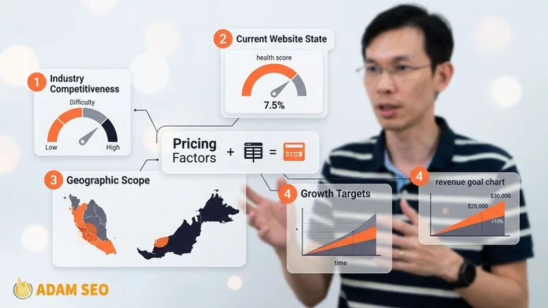 Factors that influence SEO pricing showing industry competitiveness, website state, geographic scope, and growth targets as key determinants