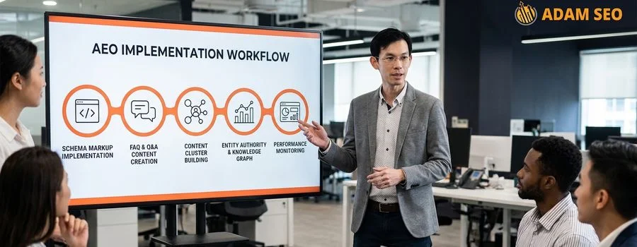 Step-by-step workflow diagram showing the AEO implementation process from schema markup to content clusters to entity authority building