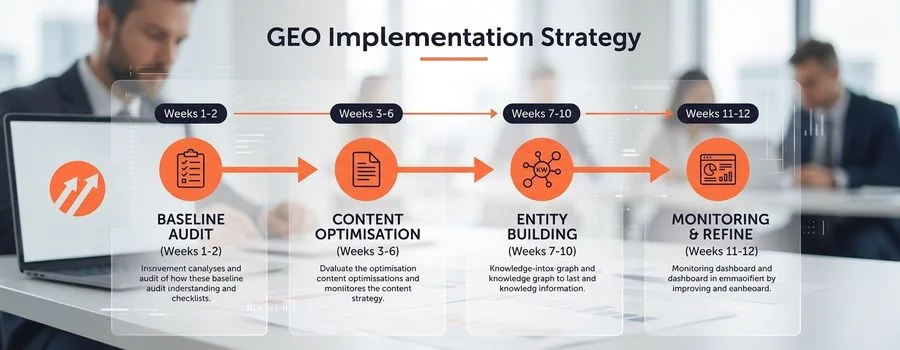 Strategy flowchart showing GEO implementation steps from baseline audit through content optimisation, entity building, and ongoing monitoring