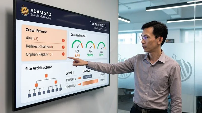 Technical SEO audit dashboard showing crawl errors, Core Web Vitals scores, and site architecture analysis for a Malaysian business website