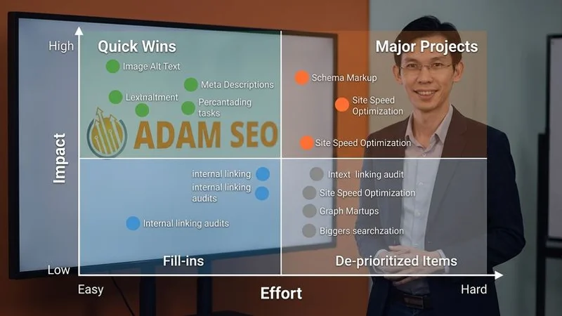 Technical SEO priority matrix showing high-impact vs low-impact issues categorized by effort required for an Adam SEO client audit