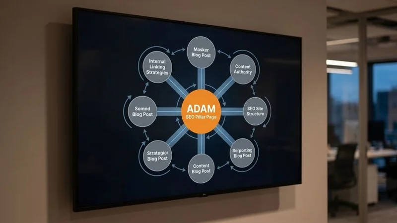Diagram showing topic cluster strategy with pillar content connected to supporting blog posts and internal links visualized as a content hub for SEO authority building