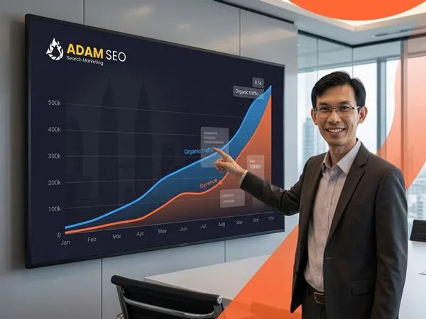 Travel business case study analytics dashboard showing dramatic upward traffic and revenue growth curves over 10 months